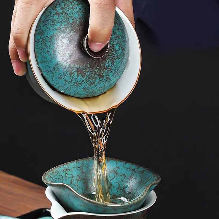 Taza de té y platillo con tapa, Gaiwan Sancai de cerámica verde, pino tradicional, Buddha Stones , Kung Fu