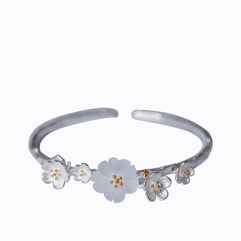 Pulsera ajustable con Buddha Stones de plata de ley 925 con flor de ciruelo y bendición