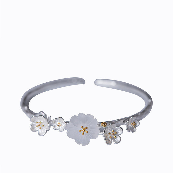 Pulsera ajustable con Buddha Stones de plata de ley 925 con flor de ciruelo y bendición