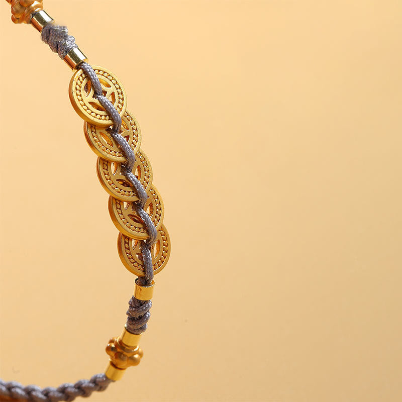 Pulsera trenzada de cuerda azul con Buddha Stones, moneda de cobre, árbol de la fortuna, perla, suerte