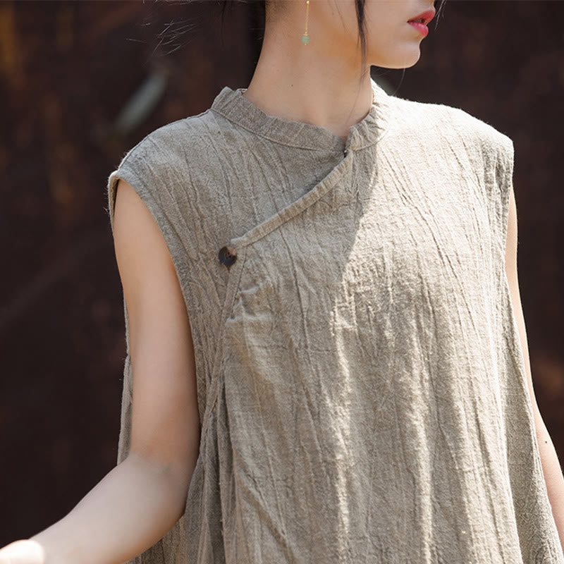 Vestido midi teñido anudado hecho a mano con Buddha Stones Vestido sin mangas de lino