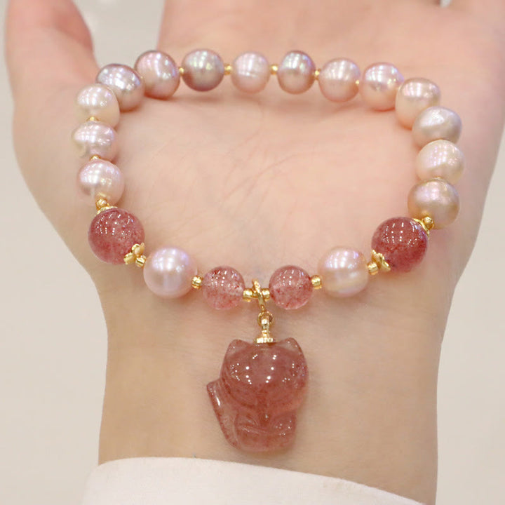 Pulsera con dije curativo de amor de zorro lindo de cuarzo fresa con Buddha Stones