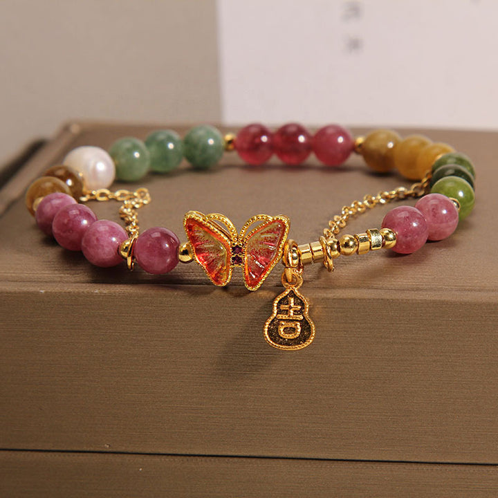 Pulsera positiva con abalorio de calabaza, turmalina colorida Natural, mariposa, carácter auspicioso, Buddha Stones