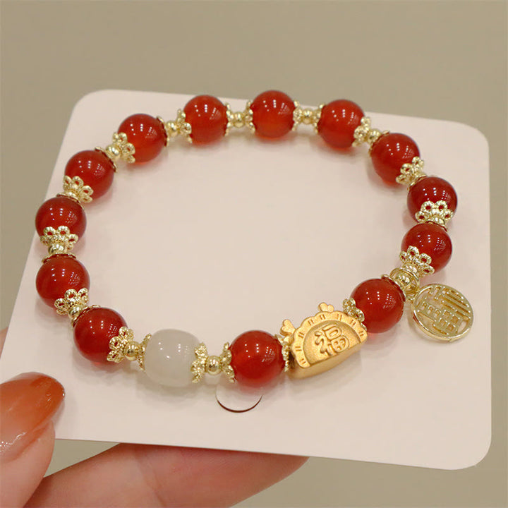 Buddha Stones Año del Dragón Ágata roja Cuarzo fresa Obsidiana negra Jade Granate Perla Cinabrio Bola de masa Dragón Suerte Fu Pulsera con personajes