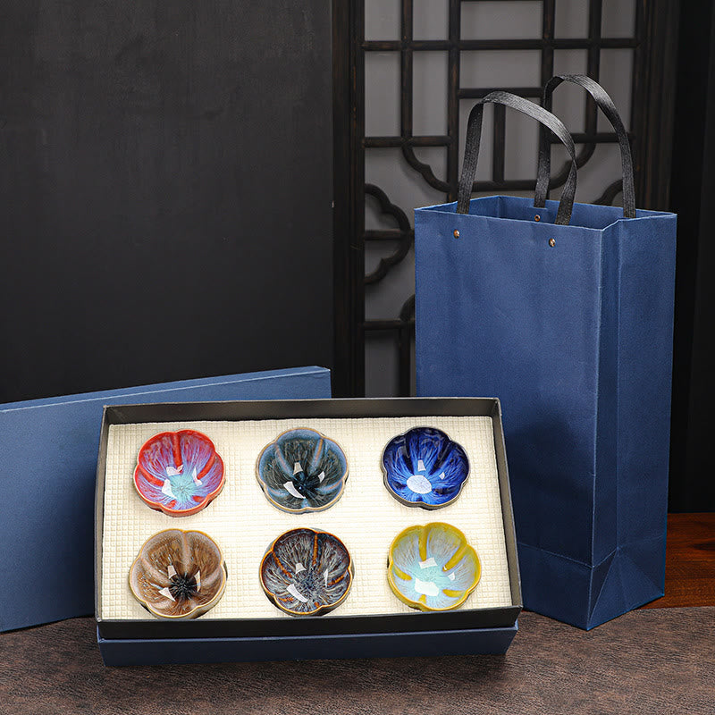 Buddha Stones, 6 uds., patrón de pétalos de flor de ciruelo, horno chino Jianzhan, cambio de taza de té de cerámica, tazón de té de Kung Fu con caja de regalo