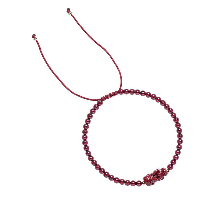 Pulsera de hilo con Buddha Stones Granate cinabrio PiXiu Blessing Calm