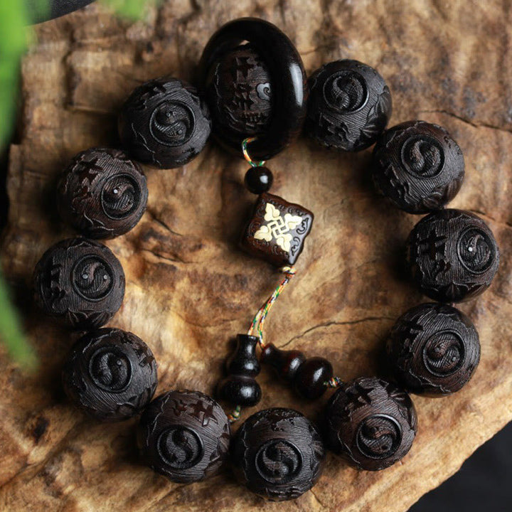 Pulsera de equilibrio de calabaza grabada con Buddha Stones , madera de ébano, carácter chino, Yin Yang