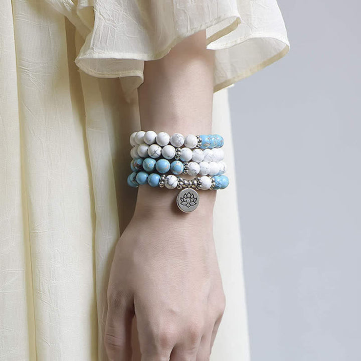 Pulsera de bendición de loto de piedra emperador turquesa blanca de 108 cuentas Mala