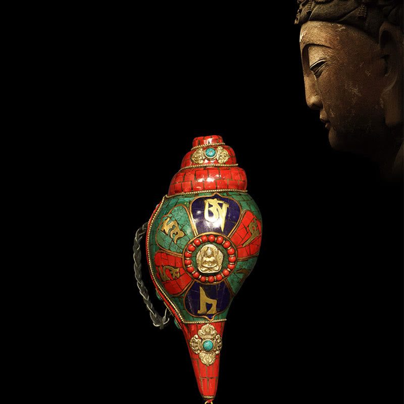 Concha tibetana hecha a mano Shankha Om Mani Padme Hum Buda, decoración de la suerte - 23 centímetros - image 0