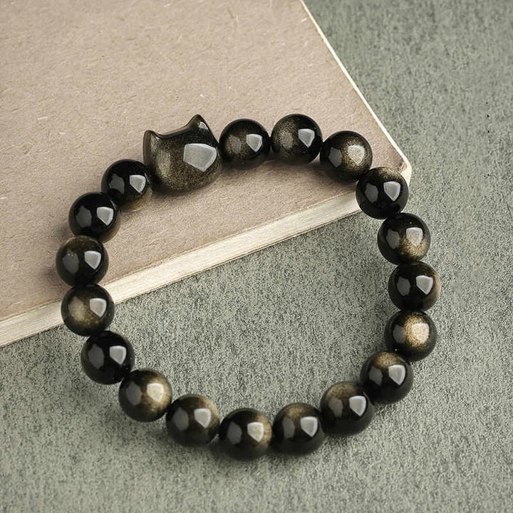 Buddha Stones Obsidiana con brillo dorado Obsidiana con brillo plateado Pata encantadora Pulsera de protección del gato de la suerte - image 9
