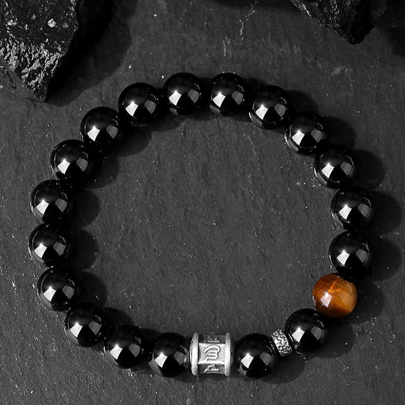 Pulsera de cumplimiento Om Mani Padme Hum de ojo de tigre de obsidiana negra de plata de ley 999 con Buddha Stones