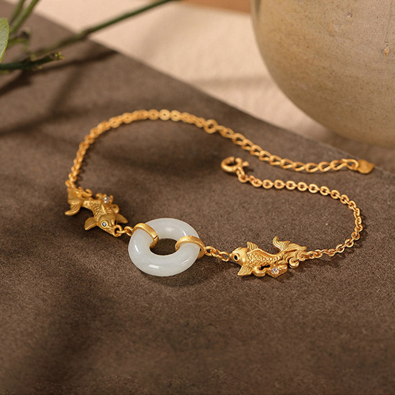 Pulsera de prosperidad de pez koi de jade blanco con Buddha Stones