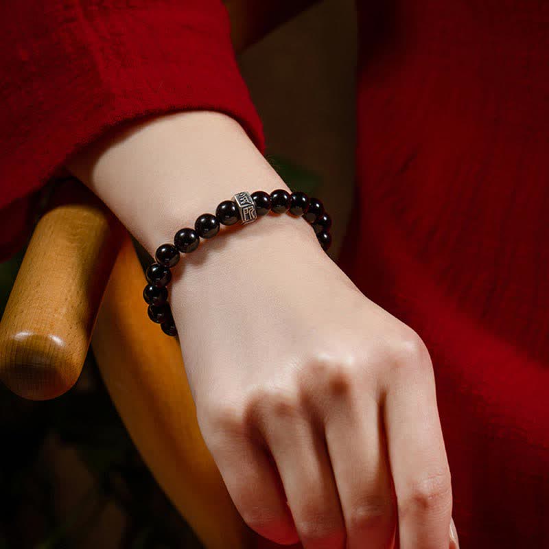 Pulsera de fuerza de piedra lunar de obsidiana negra de plata de ley 925 con Buda natal del zodíaco chino