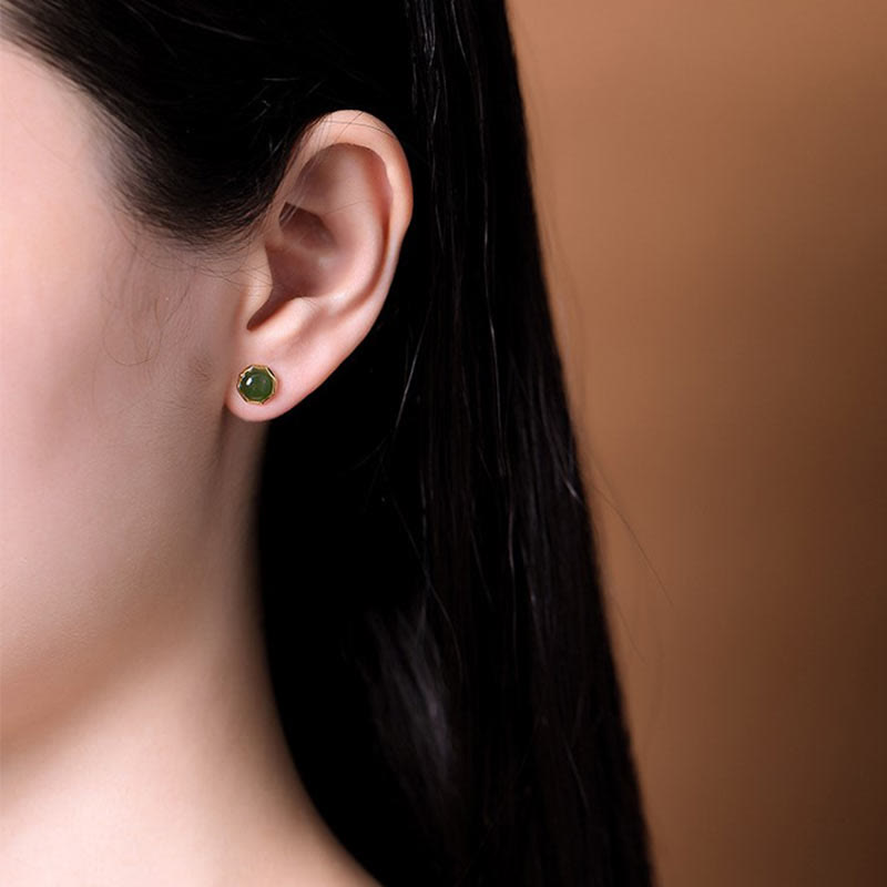 Pendientes de tuerca de la suerte con cuentas de jade cian hetiano natural chapado en plata de ley 925 con Buddha Stones - image 6