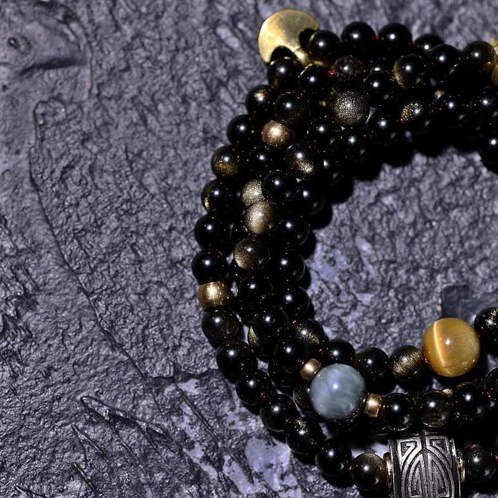Pulsera de riqueza de piedra de ojo de águila de ojo de tigre de obsidiana con brillo dorado de 108 cuentas Mala