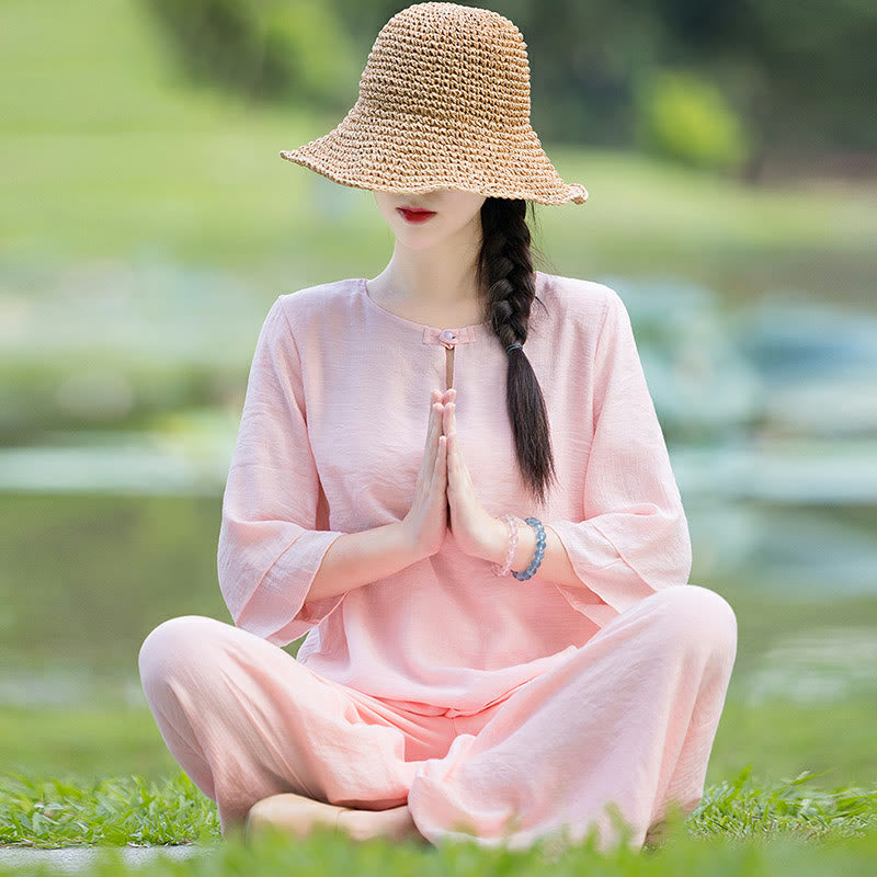 Conjunto de ropa de práctica matutina espiritual Zen para meditación y oración de Tai Chi, conjunto para mujer - Rosa - US8-10，UK/AU12-14，EU40-42 (2XL) - image 15