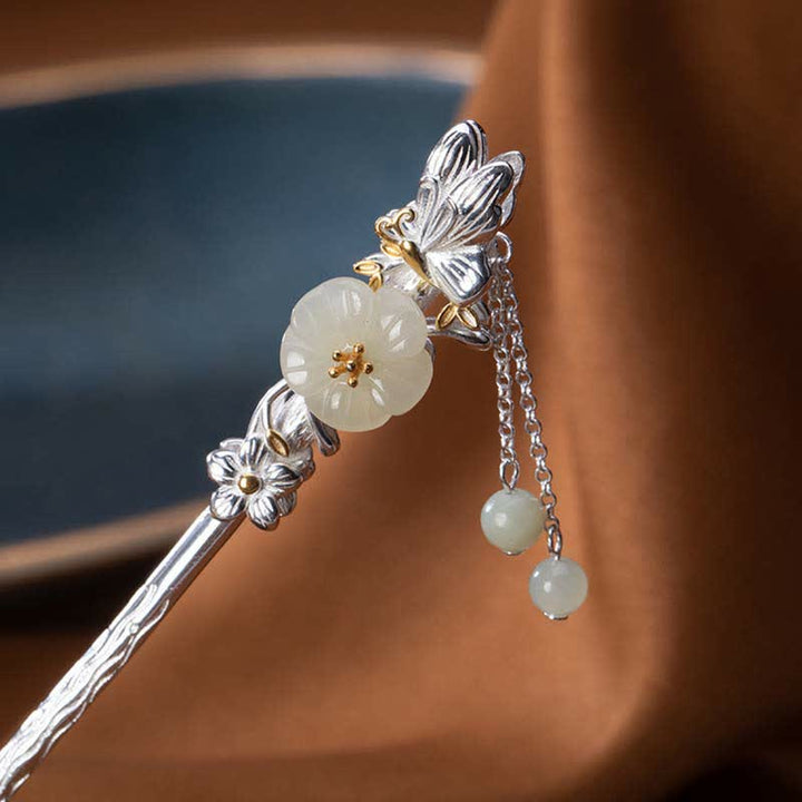 Horquilla de bendición de flor de jade blanco hetiano de plata de ley 925