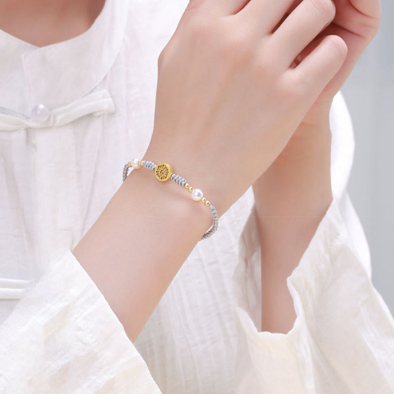 Pulsera trenzada de cuerda azul con Buddha Stones, moneda de cobre, árbol de la fortuna, perla, suerte