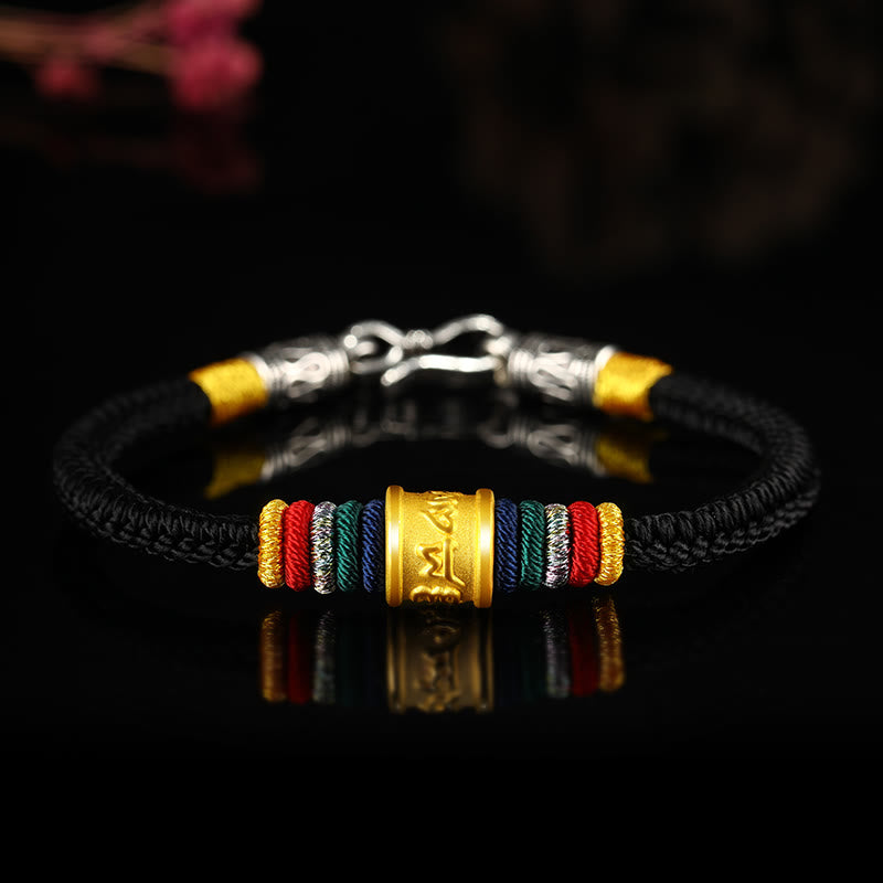 Buddha Stones Tíbet 999 oro Om Mani Padme Hum pulsera de la suerte hecha a mano con ocho hilos y nudo de la paz - Nudo redondo perfecto, hebilla plateada, cuerda negra - 19 cm - image 19