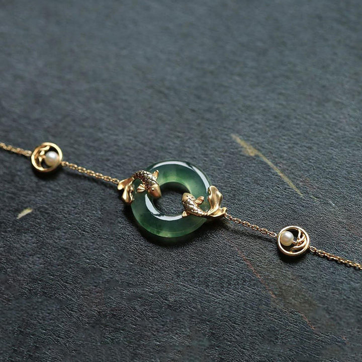 Pulsera de armonía curativa con peces Koi de jade cian y Buddha Stones