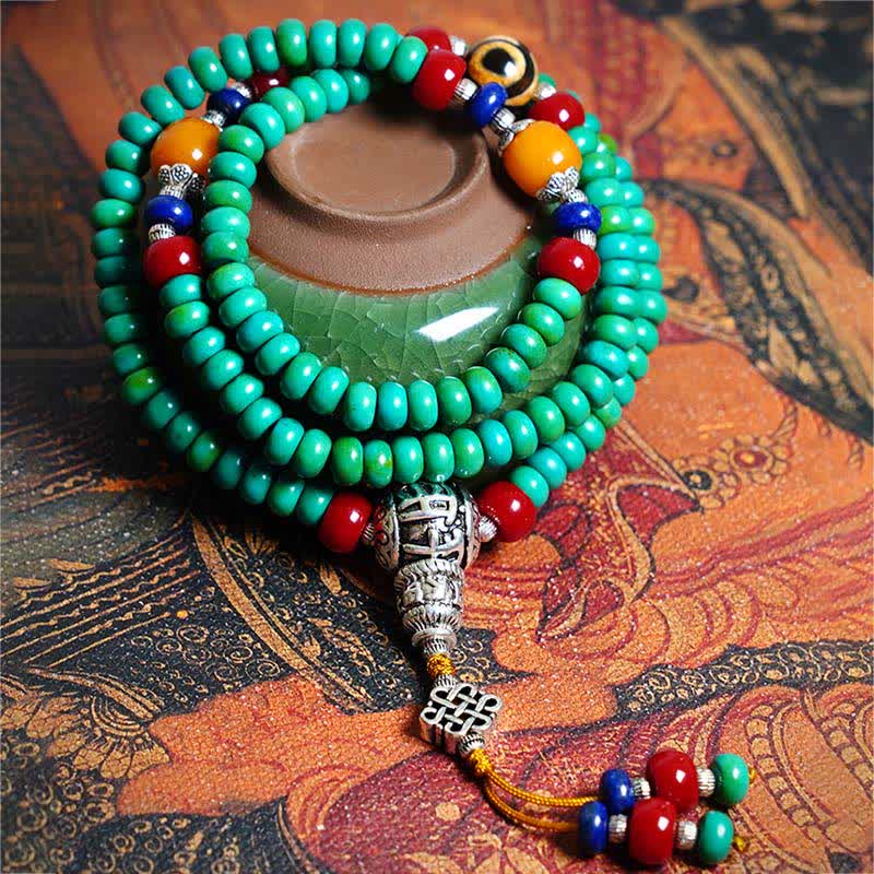 Pulsera de protección de cuentas Dzi de turquesa tibetana con 108 cuentas Mala