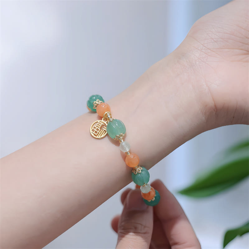 Pulsera de riqueza con dije de personaje Fu, cuentas de calabaza de Jade de seda dorada Natural con Buddha Stones