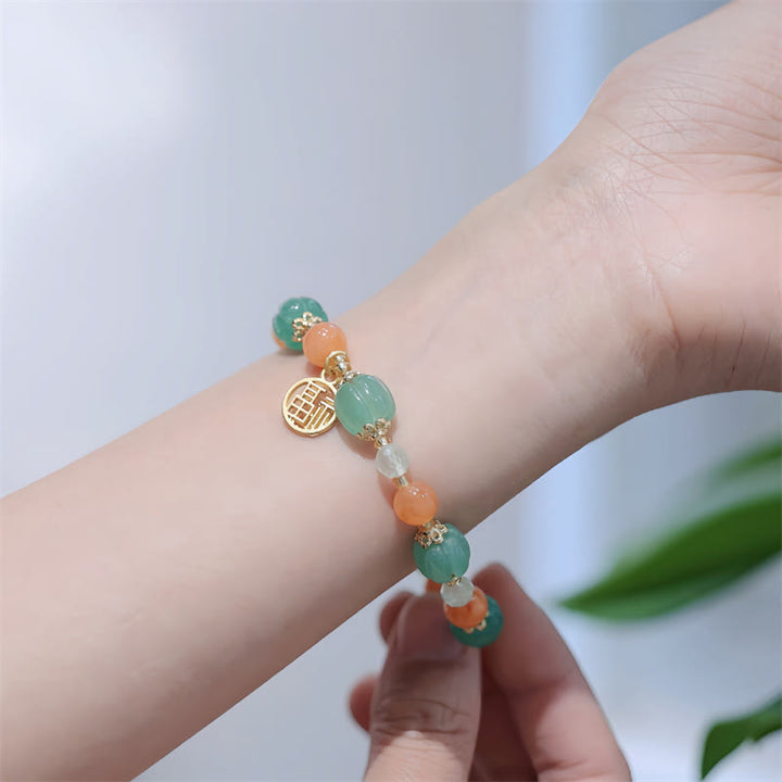 Pulsera de riqueza con dije de personaje Fu, cuentas de calabaza de Jade de seda dorada Natural con Buddha Stones