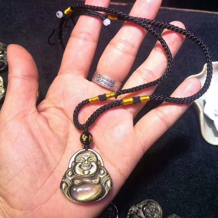 Colgante de collar de riqueza de obsidiana con brillo dorado de Buda sonriente con Buddha Stones - Cadena - image 4