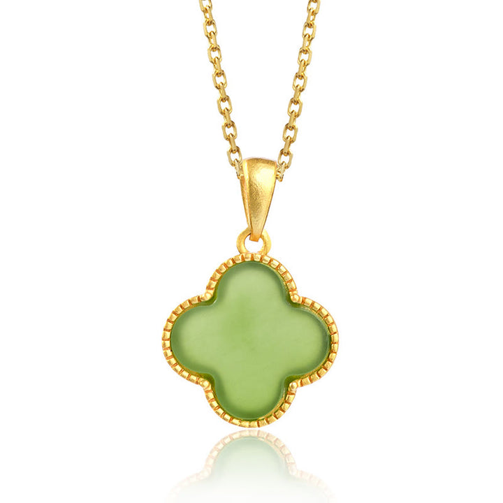 Collar con colgante de trébol de cuatro hojas de la suerte de jade hetiano natural de plata de ley 925 con Buddha Stones
