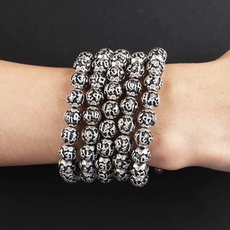Pulsera de amuleto de cuentas de aleación tallada Om Mani Padme Hum tibetano con Buddha Stones