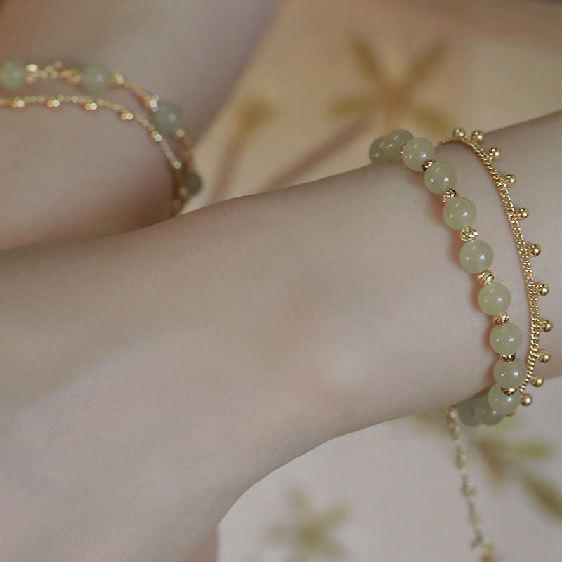 Pulsera de prosperidad de la suerte con cuentas de jade hetiano de 2 capas chapada en oro de 14 quilates