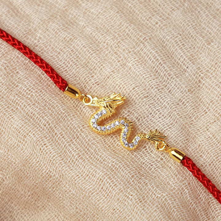 Pulsera de cadena de cuerda roja de la suerte del dragón dorado del Año del Dragón de Plata de Ley 925 con piedras de Buda