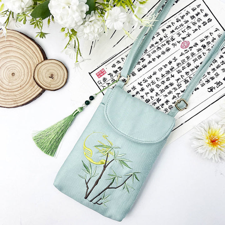 Bolso bandolera con flores bordadas pequeñas y Buddha Stones, bolso de hombro, bolso para móvil de doble capa