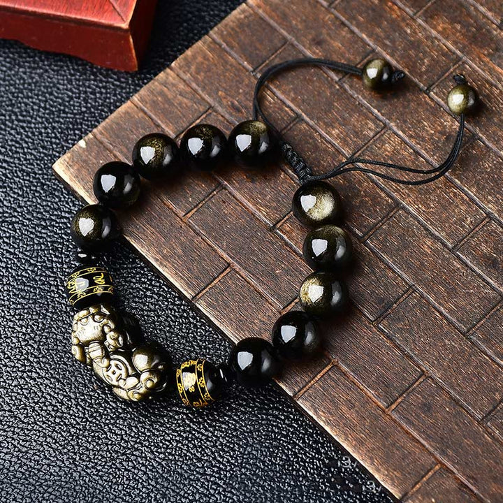 Pulsera trenzada de obsidiana con brillo de oro natural, Buddha Stones , PiXiu Om Mani Padme Hum, riqueza