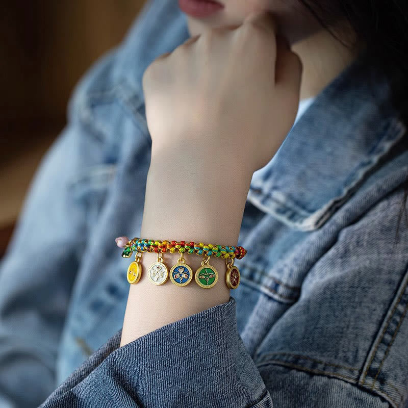 Pulsera trenzada de la suerte con cinco dioses de la riqueza, cuerda colorida tibetana con Buddha Stones