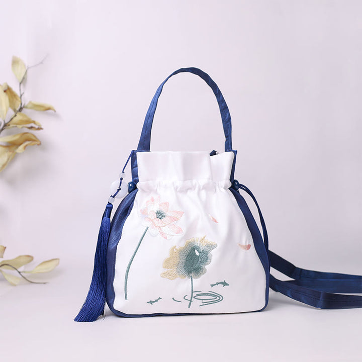 Buddha Stones Bordadas Loto Koi Pez Grulla Camelia Algodón Lino Tote Bandolera Bolso Bandolera Bolso