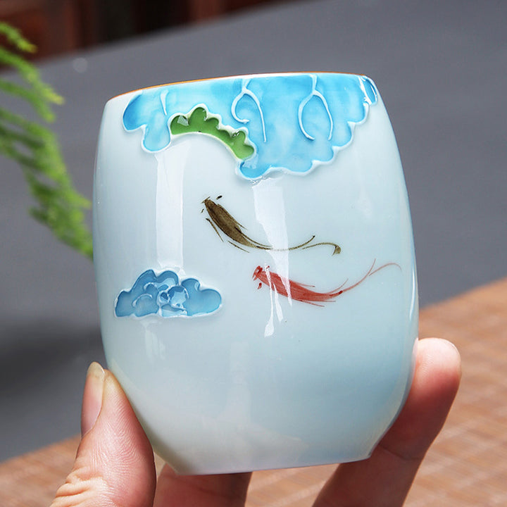 Taza de té de cerámica con Buddha Stones, pez Koi, paisaje de loto, diente de león, flor de peonía, taza de té de Kung Fu