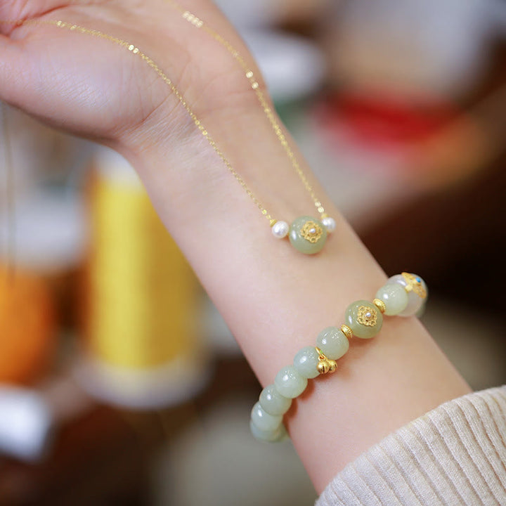 Juego de pulsera con colgante de collar de la suerte de jade hetiano natural chapado en plata de ley 925 con Buddha Stones
