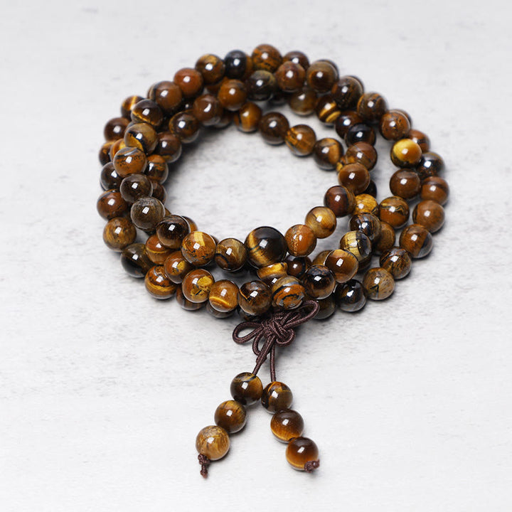 Buddha Stones tibetanas 108 cuentas de piedras preciosas de ojo de tigre naturales oración Mala pulsera collar