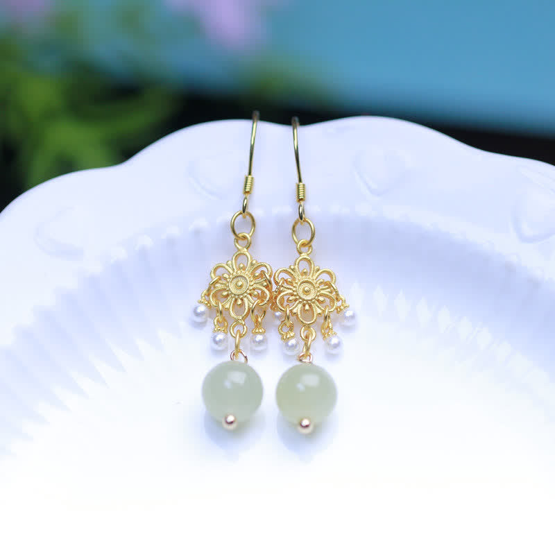 Pendientes colgantes con forma de gota de la suerte, chapados en oro de 14 quilates, con patrón de flores de jade hetiano