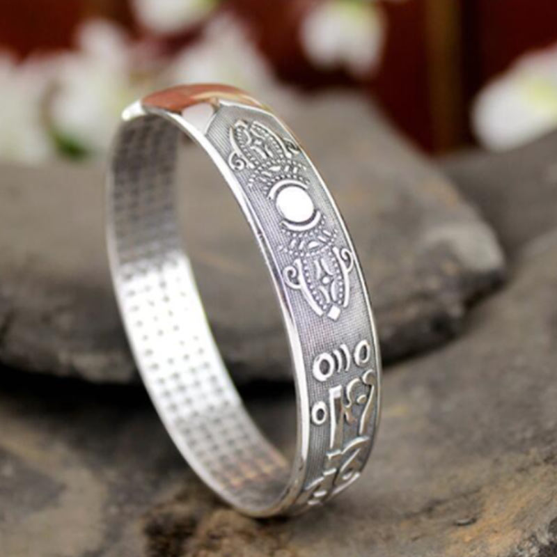 Brazalete de pulsera de oración y meditación de cobre blanco sánscrito tibetano con Buddha Stones