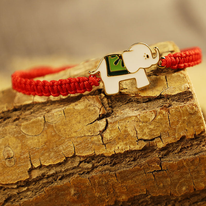 Pulsera de hilo rojo con elefante de la suerte de plata de ley 925 hecha a mano tibetana con Buddha Stones