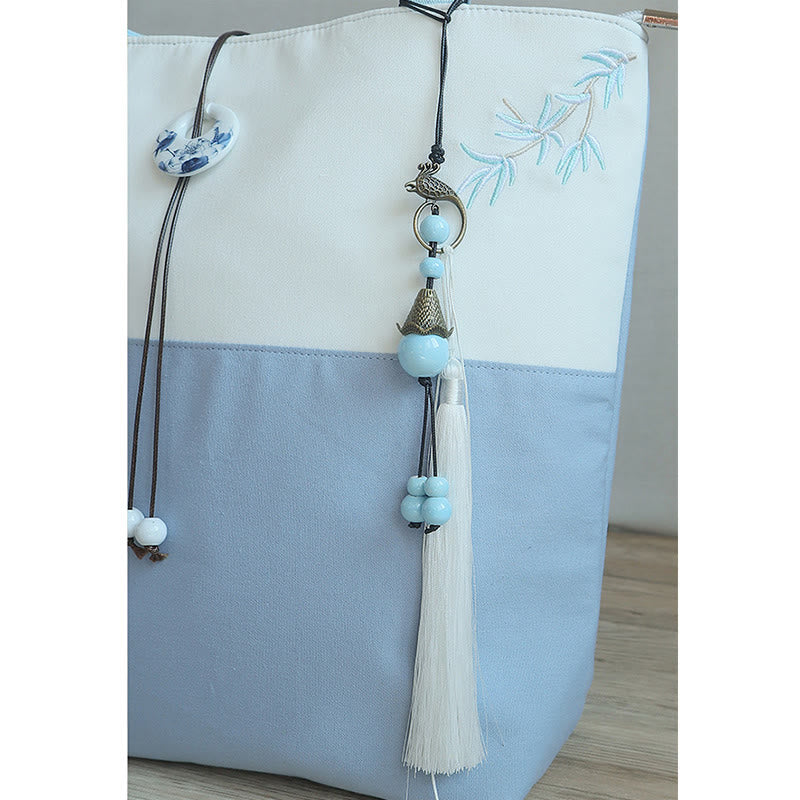 Bolso de hombro de gran capacidad con bordado de bambú, flor de pera, ciruelo, flor de melocotón, bolso de mano