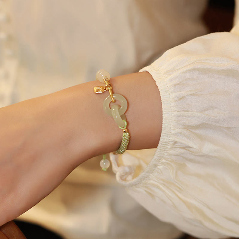 Pulsera trenzada con doble hebilla de paz y cuentas de jade hetiano natural, Buddha Stones, carácter Fu, abundancia