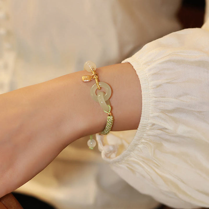 Pulsera trenzada con doble hebilla de paz y cuentas de jade hetiano natural, Buddha Stones, carácter Fu, abundancia