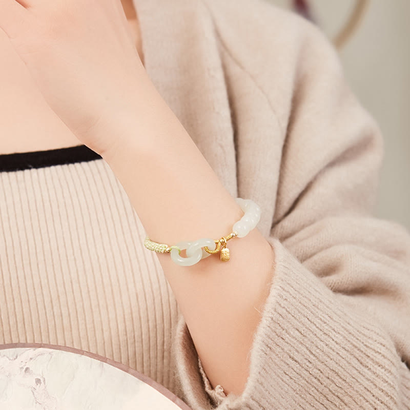 Pulsera trenzada con doble hebilla de paz y cuentas de jade hetiano natural, Buddha Stones, carácter Fu, abundancia