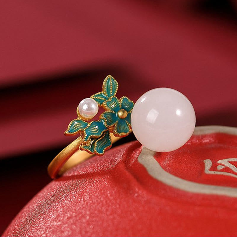 Buddha Stones Jade blanco Plata de ley 925 Perla Flor Bendición Collar Colgante Anillo Pendientes