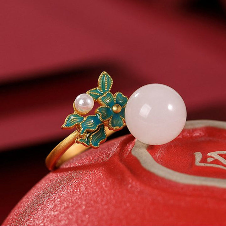 Buddha Stones Jade blanco Plata de ley 925 Perla Flor Bendición Collar Colgante Anillo Pendientes