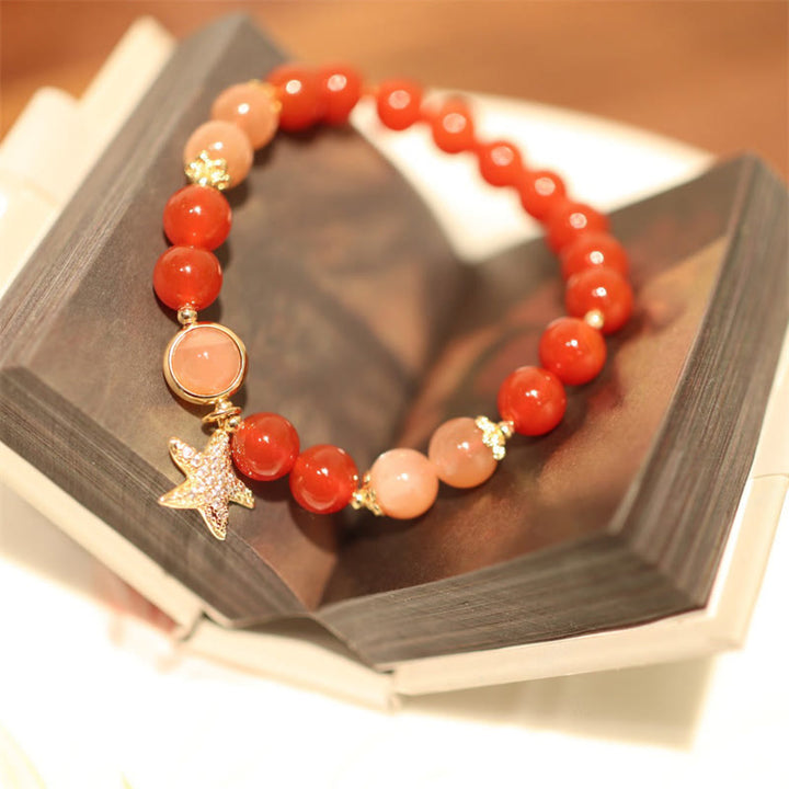 Pulsera de riqueza de estrella de cristal de ágata roja, piedra lunar, melocotón, piedra solar