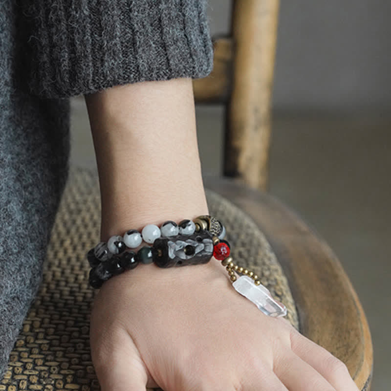 Pulsera de pareja de éxito de cristal blanco de madera de ébano de cuarzo rutilado negro